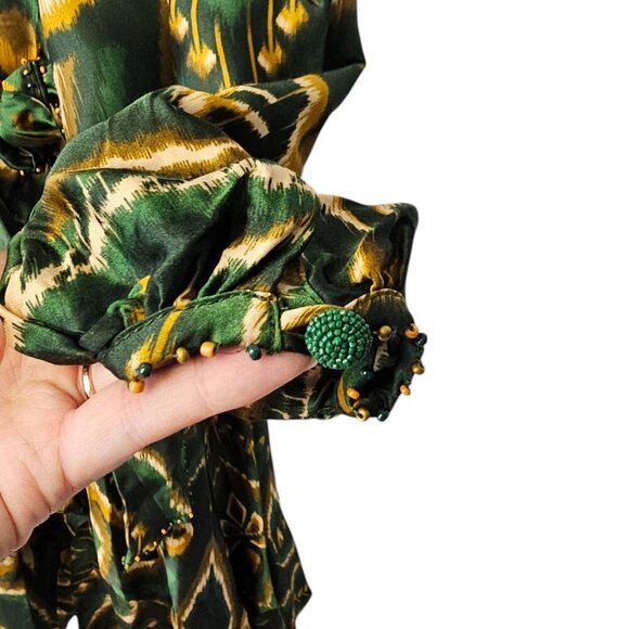 Farm Rio Pineapple Ikat Asymmetric Hem Wrap Dress, Beaded, V-Neck, Tie, Size S - Picture 9 of 12